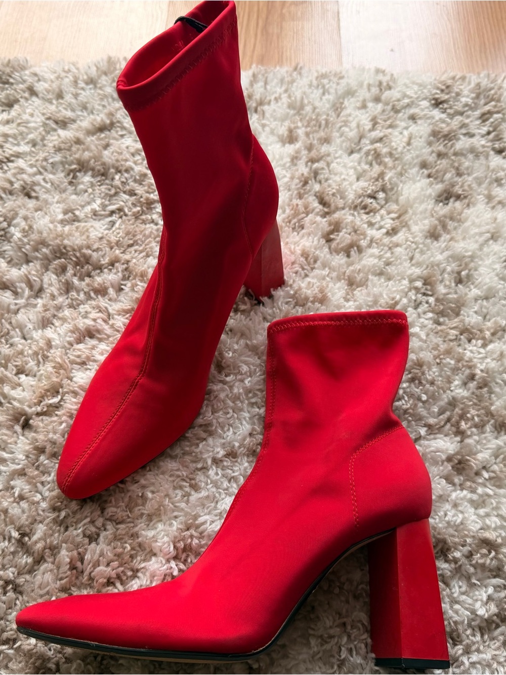 Zara Red Pointed Stretch Sock Booties with Block Heel